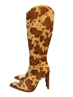 Dolls Kill Cowhide-Print Knee-High Pointed  Boots - Tan/Brown - Size 7
